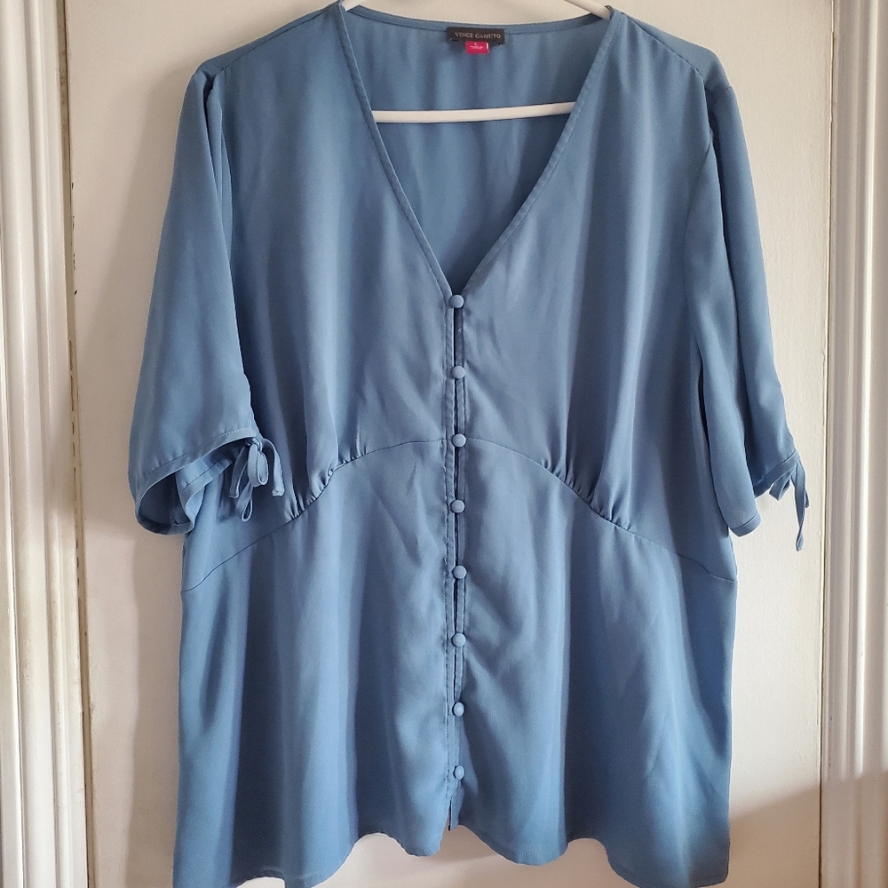 Vince Camuto Empire Waist Top Blouse Dusty Blue Size L Career Office CorpCore